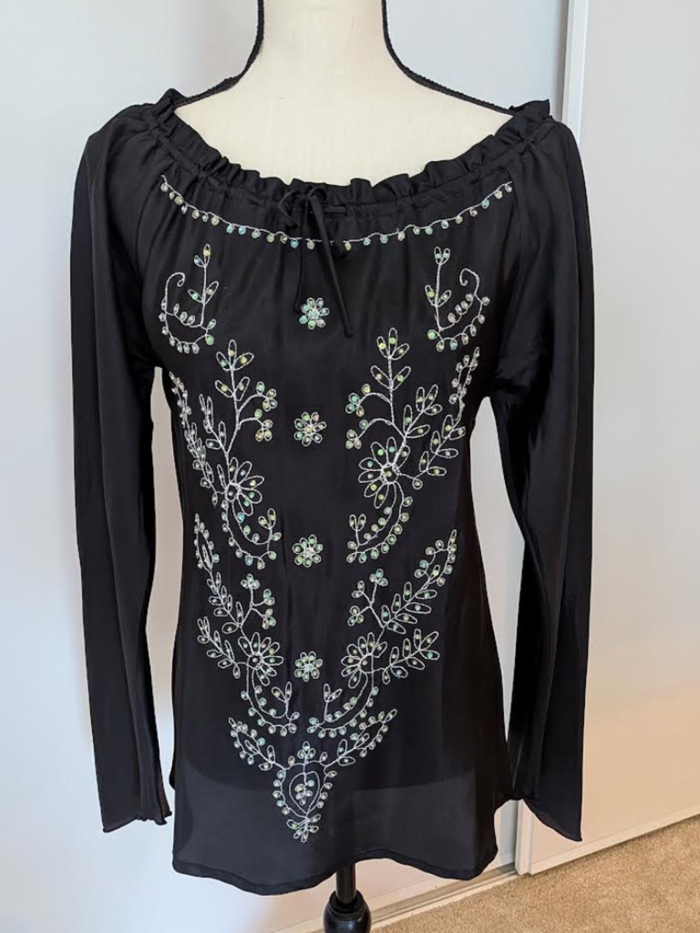 Hanna & Gracie 100% Silk Embroidered Black Blouse - MEDIUM